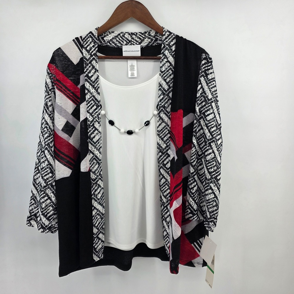 Alfred Dunner Womens Large Barcelona Cardigan Tank Set Red Black White Geometric
